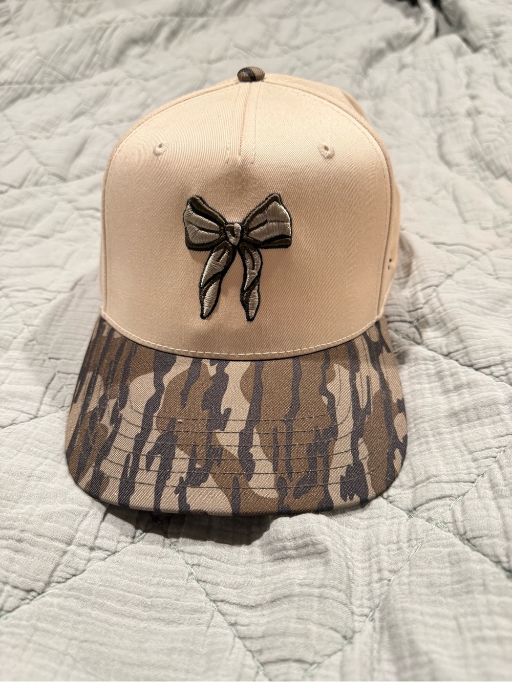 Girls Tan Bow Baseball Cap with Camo Brim